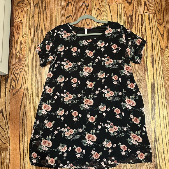 Pink Blush Short Black Chiffon V Neck Dress with Pink and Green Floral Motif - Picture 2 of 9